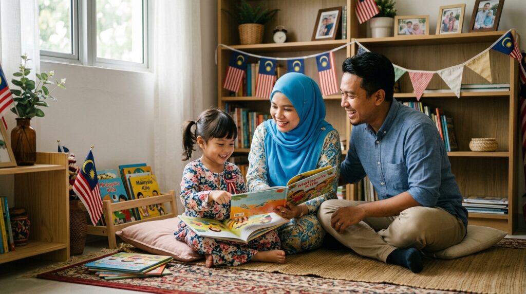 Keluarga Melayu membaca bersama sempena bulan Merdeka di rumah.