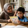 Anak cuba membaca perkataan dengan bimbingan ibu dalam sesi latihan di rumah.
