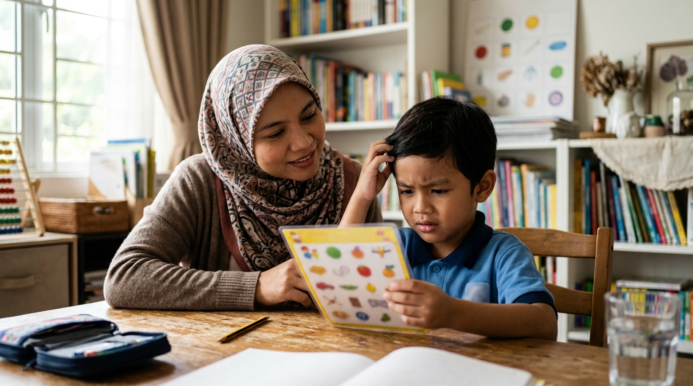 Anak cuba membaca perkataan dengan bimbingan ibu dalam sesi latihan di rumah.