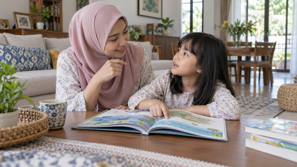 Ibu berbual dengan anak tentang cerita yang baru dibaca.