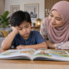 Anak kelihatan kecewa apabila menemui perkataan yang tidak dikenali ketika membaca.