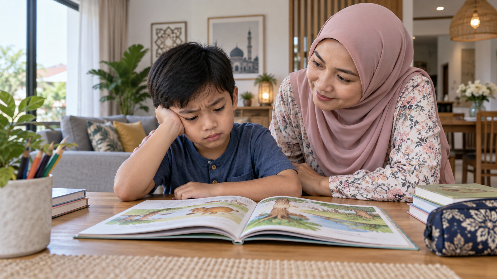 Anak kelihatan kecewa apabila menemui perkataan yang tidak dikenali ketika membaca.