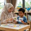 Anak Melayu belajar mengenal huruf bersama ibu di rumah.