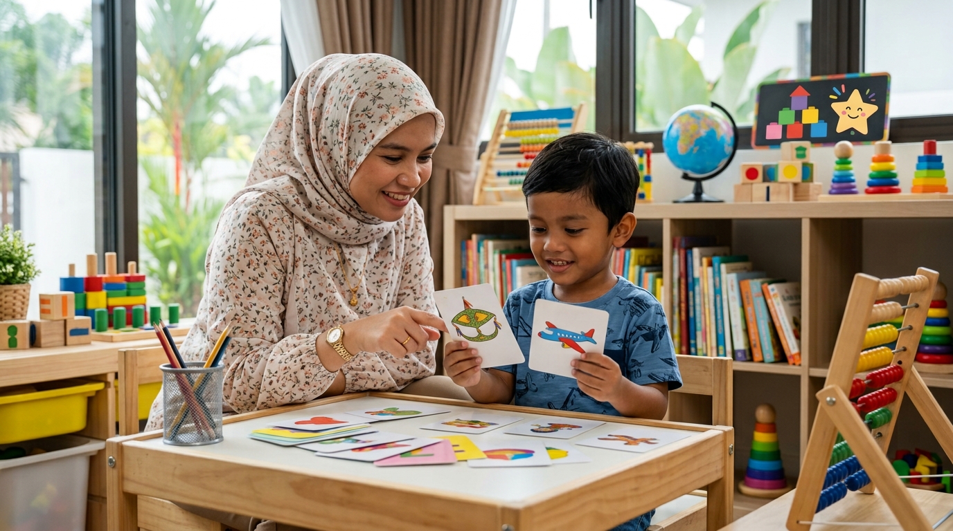 Anak Melayu belajar mengenal huruf bersama ibu di rumah.