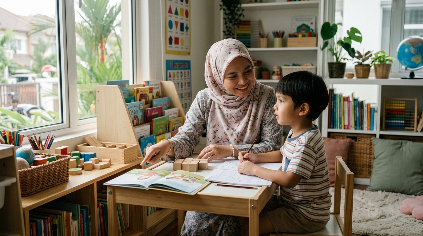 Ibu Melayu memberi arahan mudah kepada anak semasa aktiviti pembelajaran di rumah.