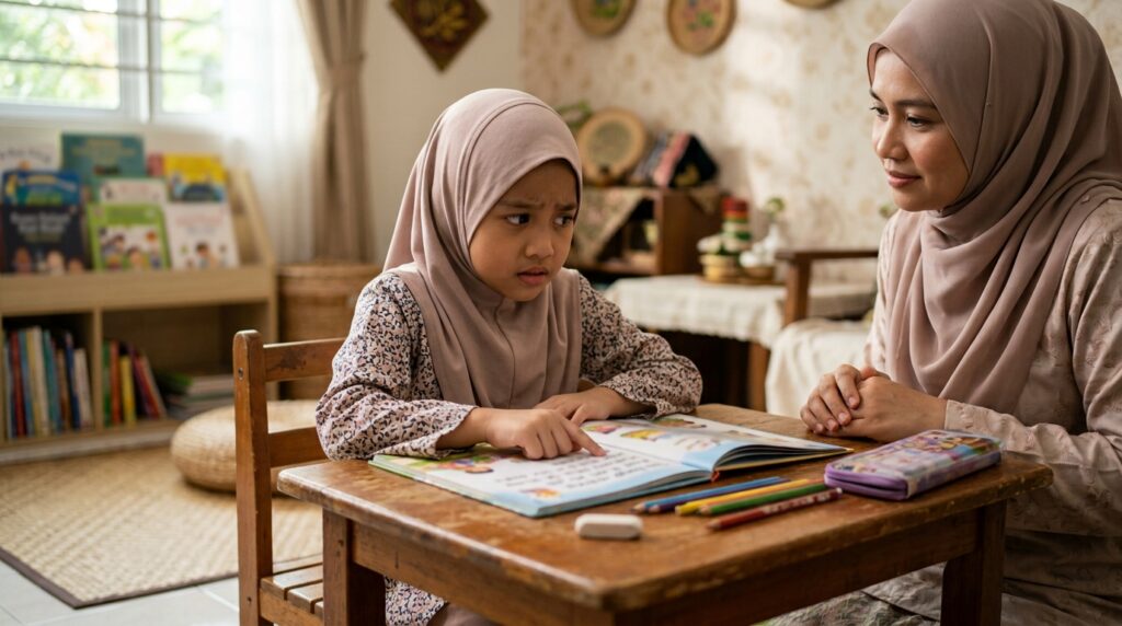 Anak Melayu membaca perlahan dengan berhati-hati kerana kurang yakin melakukan kesalahan.