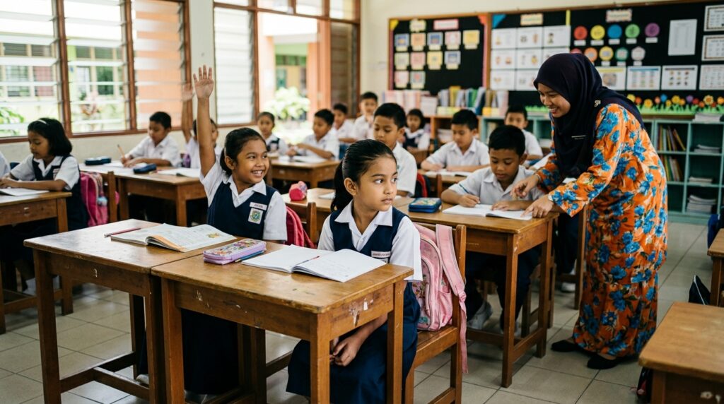 Murid Melayu kelihatan malu untuk bertanya kepada guru di dalam kelas.