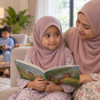 Anak Melayu kelihatan malu ketika membaca cerita di hadapan keluarga.