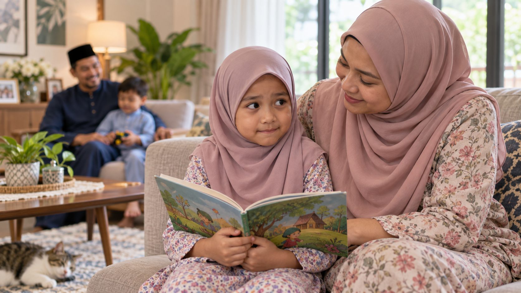 Anak Melayu kelihatan malu ketika membaca cerita di hadapan keluarga.