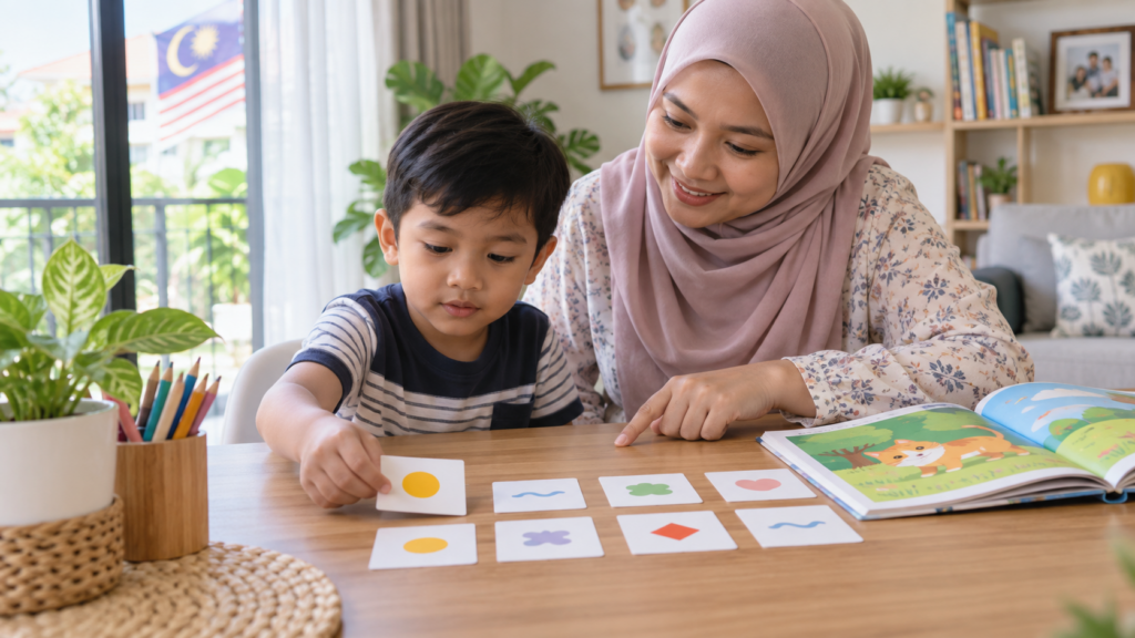 Anak mencari perkataan yang sama menggunakan kad pembelajaran.