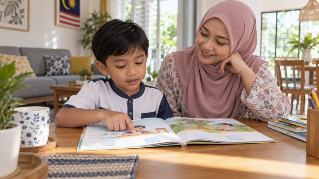Anak menggunakan jari untuk mengikuti baris ketika membaca.
