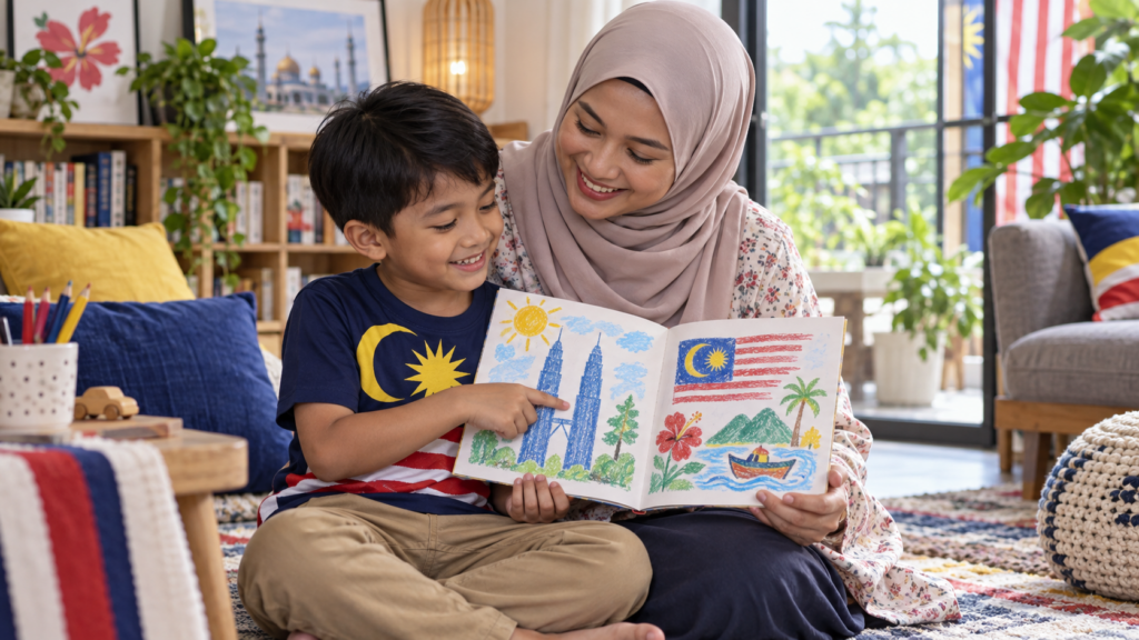 Anak menunjukkan buku mini bertema Malaysia kepada ibu.