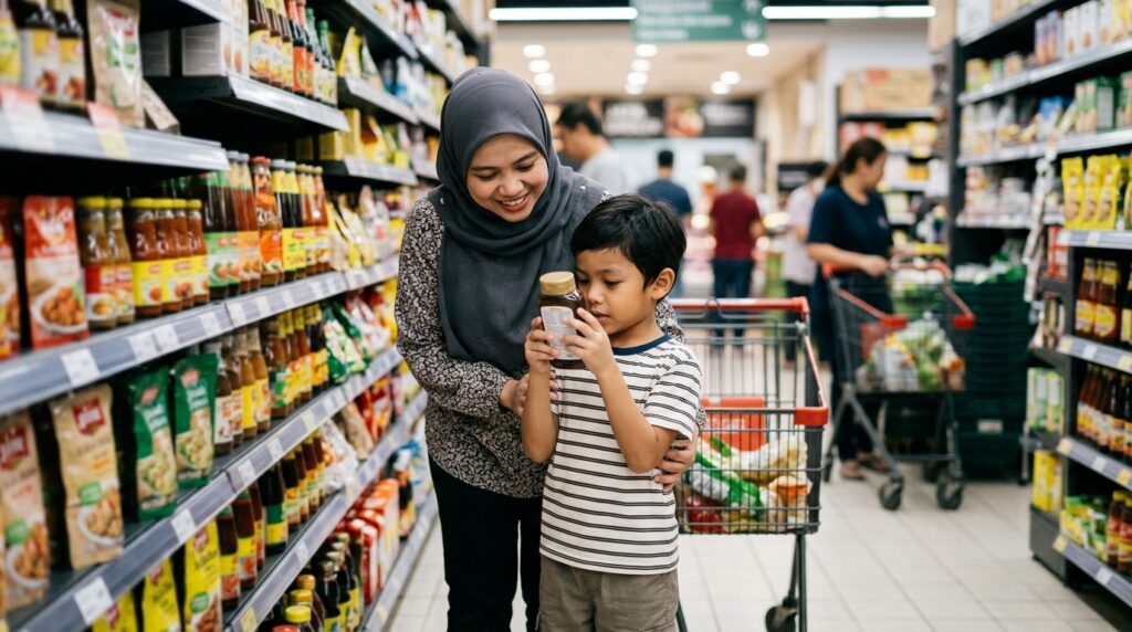 Anak melihat label barang bersama ibu sebagai aktiviti membaca dalam rutin harian.