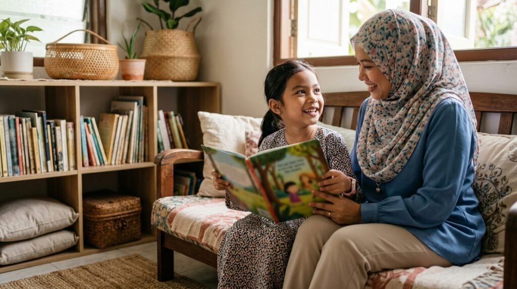 Anak Melayu membaca buku dengan lebih yakin dan lancar selepas latihan yang konsisten.
