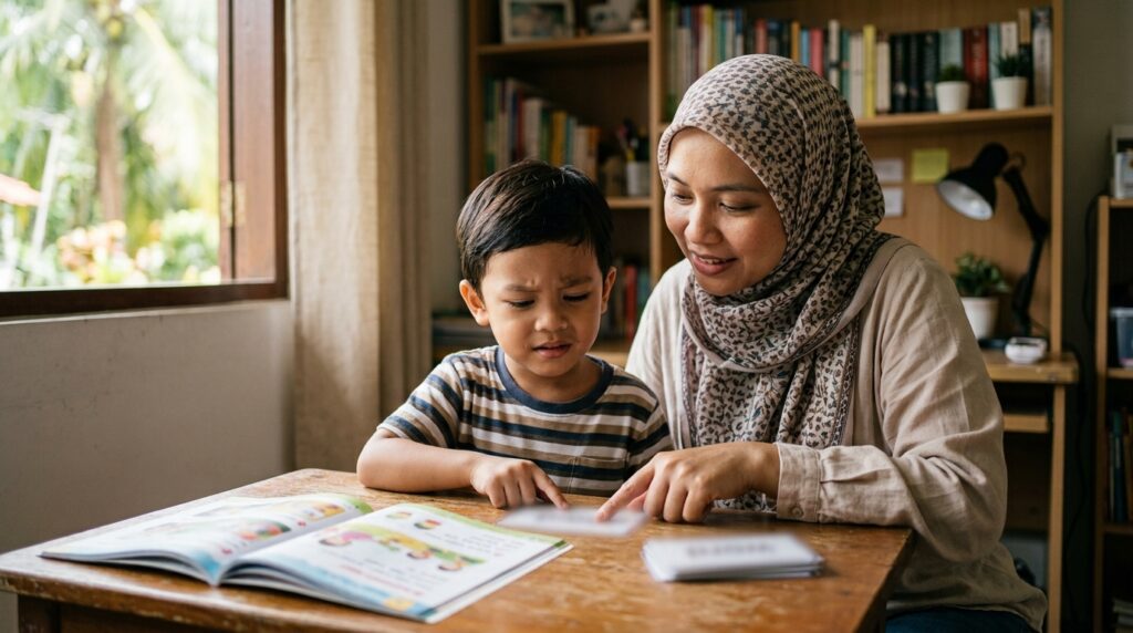 Anak cuba membaca perkataan dengan bimbingan ibu dalam sesi latihan di rumah.