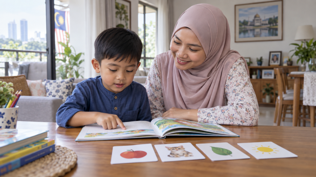 Anak membaca perkataan dengan lebih teliti bersama ibu.
