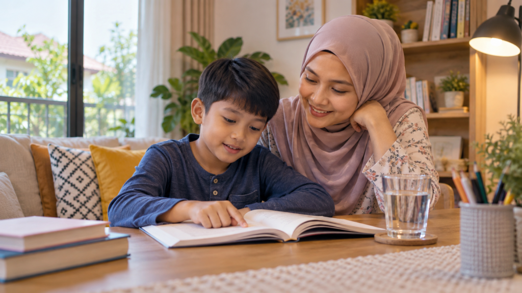 Anak mencuba membaca semula dengan sokongan ibu.
