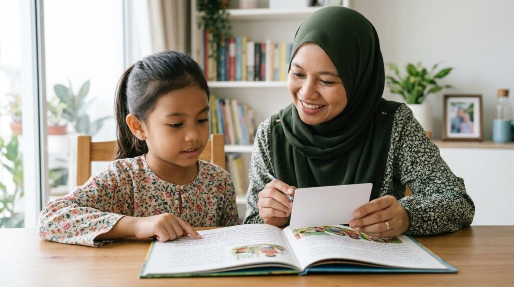 Ibu membantu anak membaca teks panjang secara berperingkat menggunakan penanda bacaan.