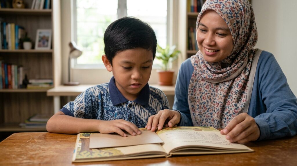 Anak Melayu cuba membaca perkataan dalam buku tanpa bergantung pada gambar.