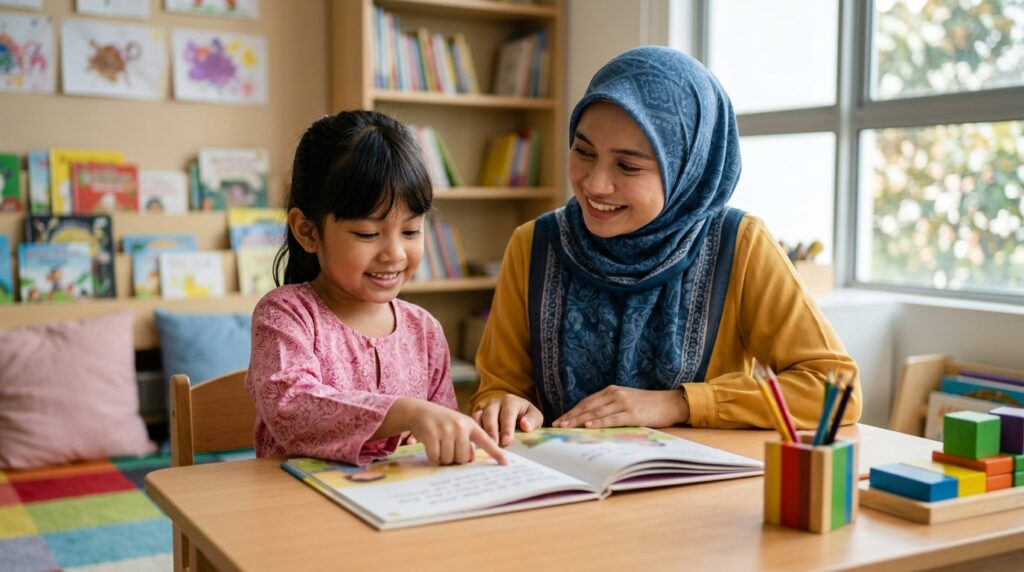 Anak membina kemahiran membaca secara berperingkat dengan bimbingan guru.
