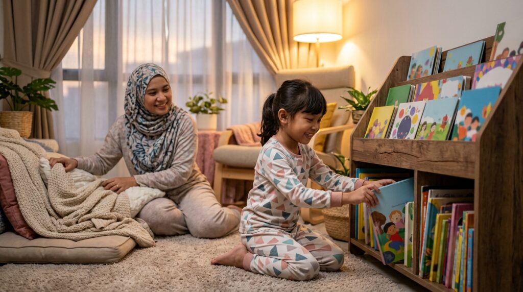 Anak membina tabiat membaca melalui rutin membaca bersama keluarga di rumah.