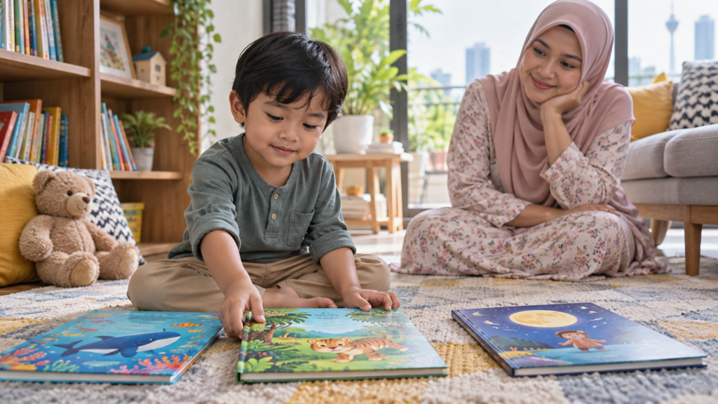 Anak memilih buku cerita yang diminati untuk latihan membaca.