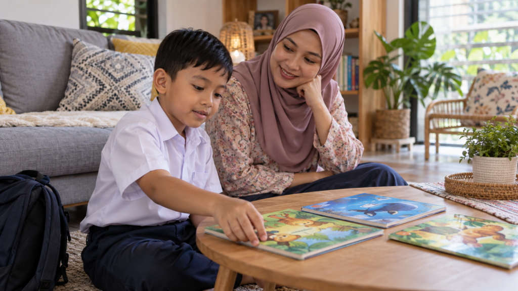 Anak memilih satu bahan bacaan untuk sesi membaca selepas sekolah.