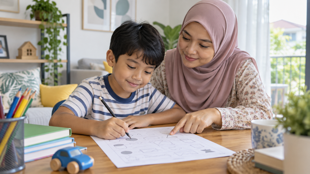 Anak menanda bahagian penting dalam arahan buku latihan bersama ibu.