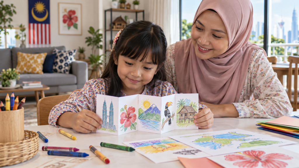 Anak mencipta buku mini bertema Malaysia bersama ibu.
