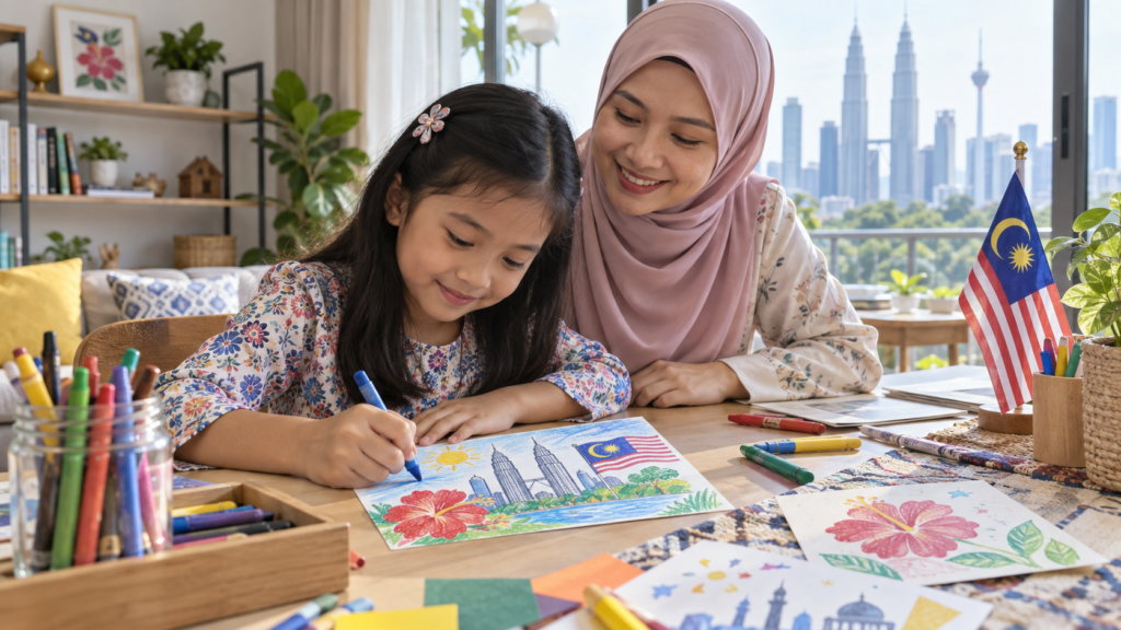 Anak menghasilkan poskad bertema Malaysia bersama ibu di rumah.