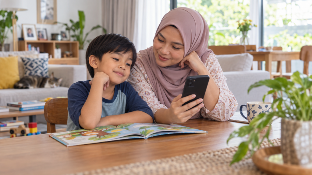 Anak mendengar rakaman bacaan pendek bersama ibu.