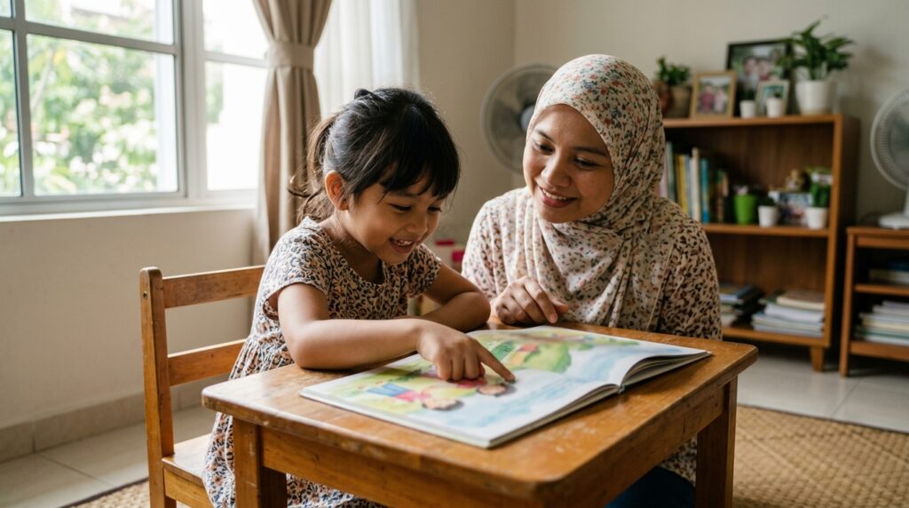 Anak mengenal pasti watak dalam cerita selepas membaca bersama ibu bapa.