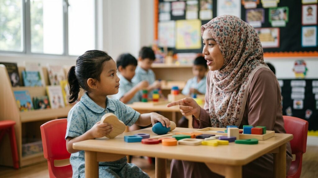 Anak kecil membina asas literasi melalui aktiviti mengenal bentuk dan bunyi bahasa.