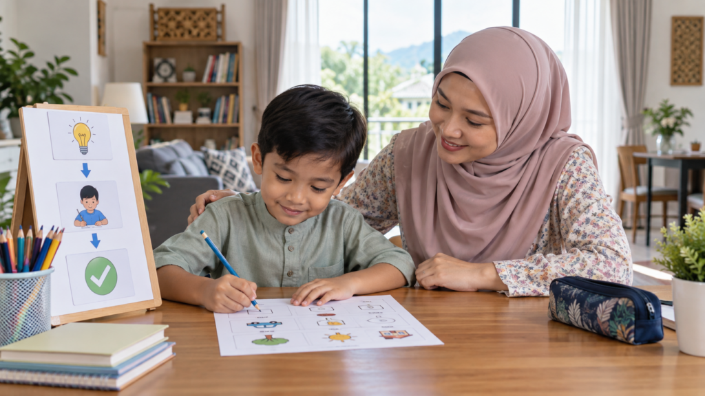 Anak menyiapkan tugasan selepas memahami arahan dengan bimbingan ibu.