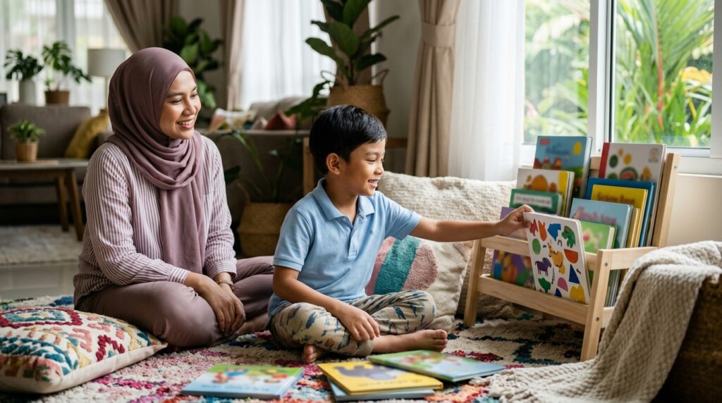 Anak menikmati membaca buku pilihan sendiri dalam suasana yang santai dan positif.
