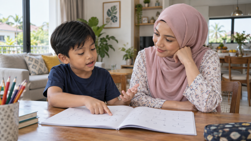 Anak menunjukkan bahagian tugasan yang perlu dibuat dalam buku latihan.