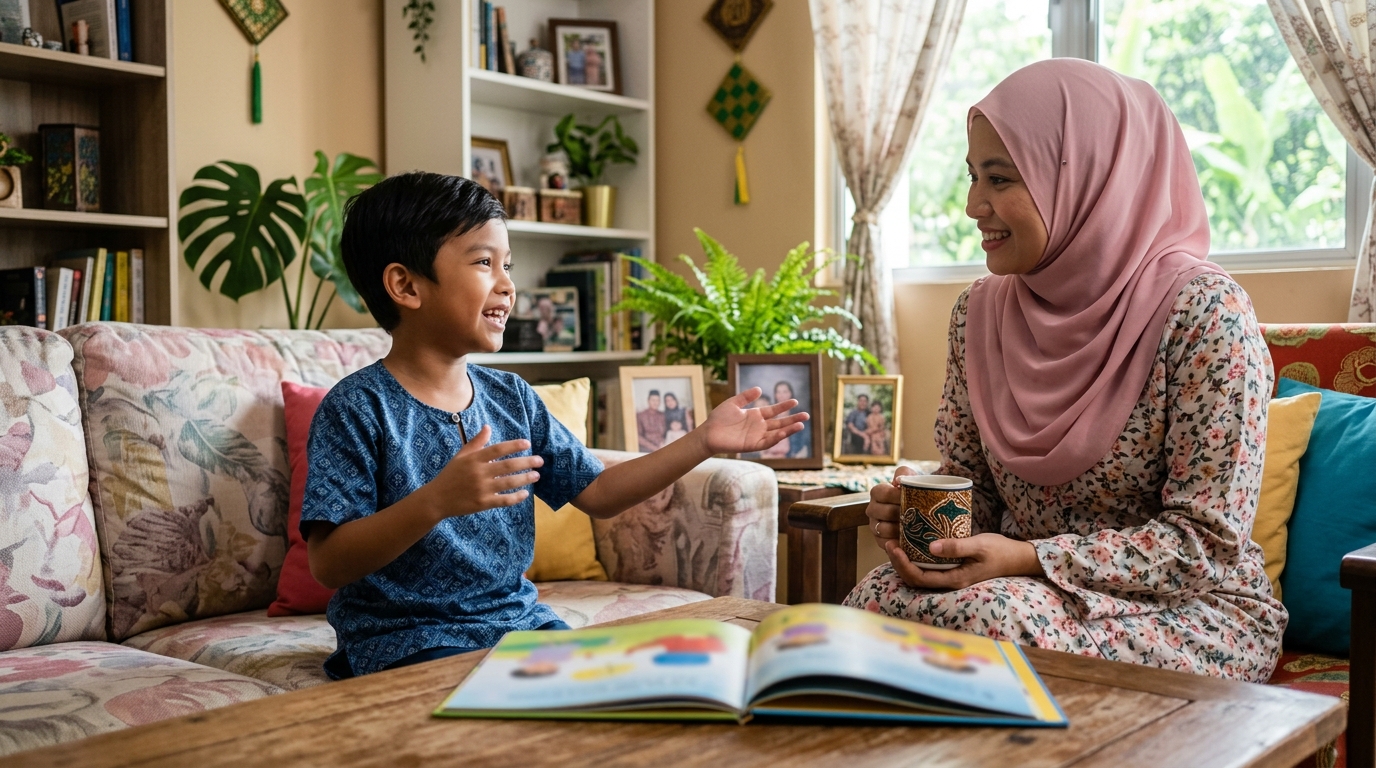 Anak Melayu petah bercakap tetapi membaca buku dengan perlahan di rumah.
