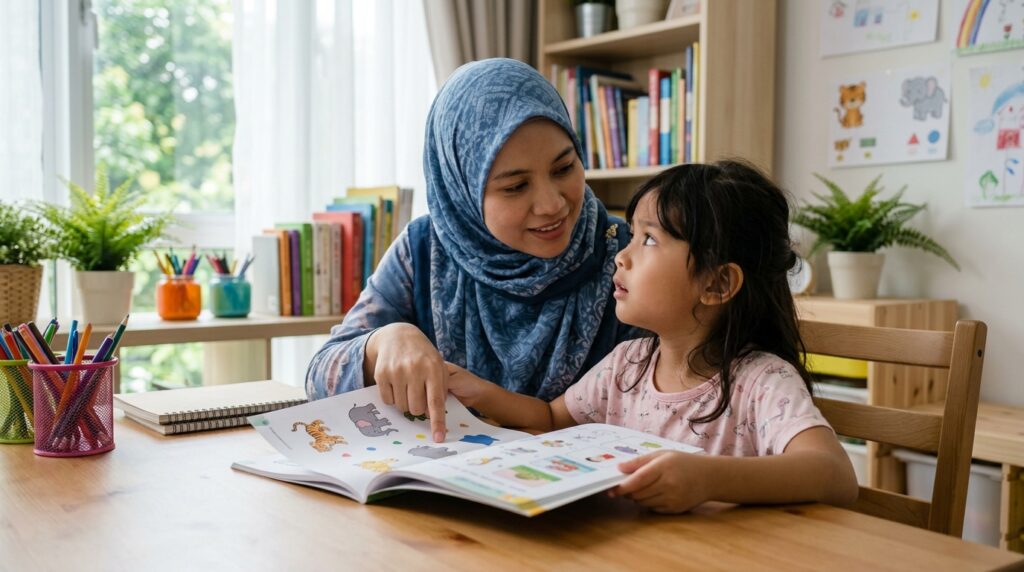 Anak Melayu bertanya kepada ibu selepas membaca arahan dalam buku latihan.