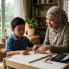 Anak Melayu hilang baris ketika membaca buku bersama ibu di rumah.