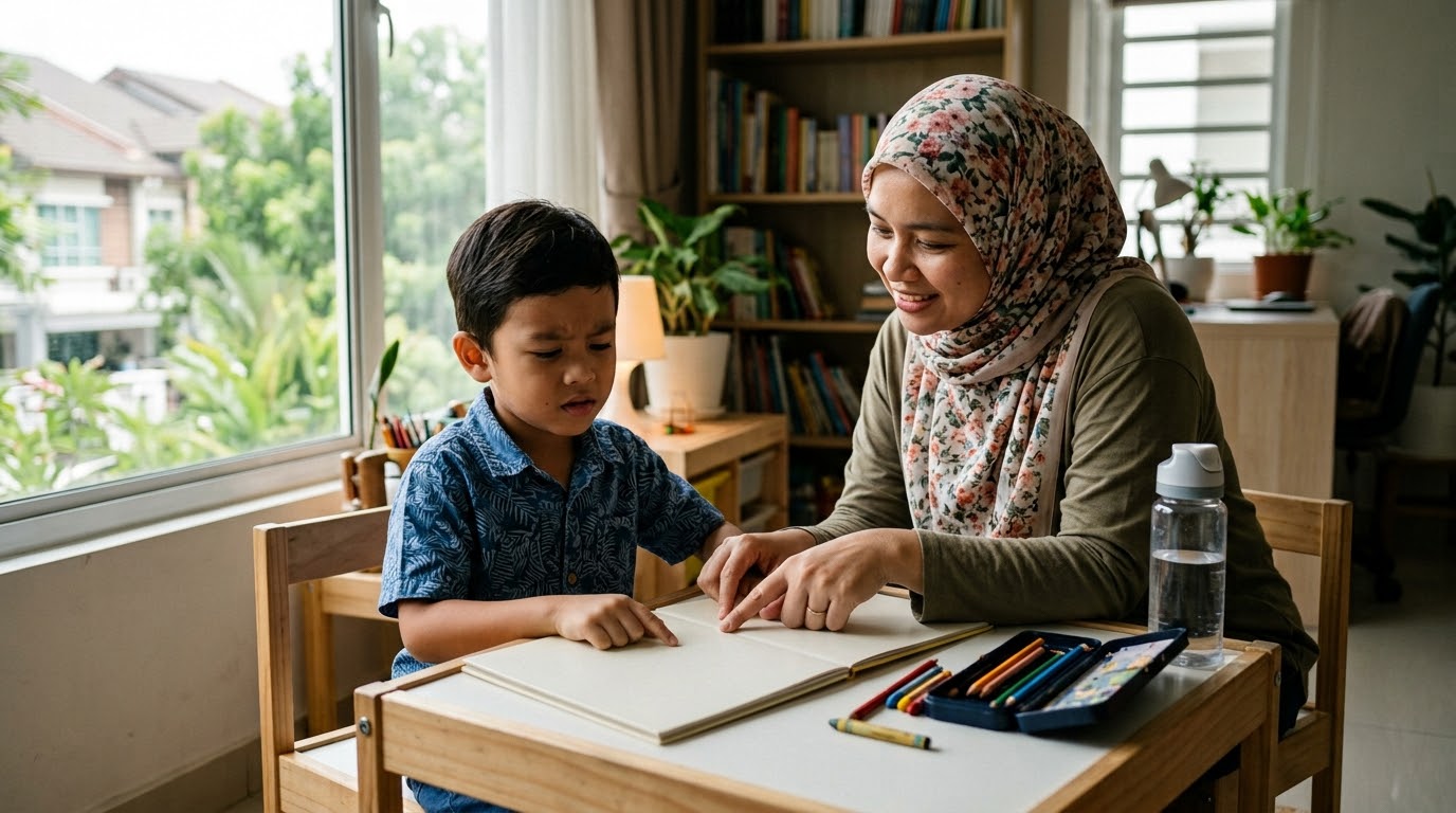 Anak Melayu hilang baris ketika membaca buku bersama ibu di rumah.