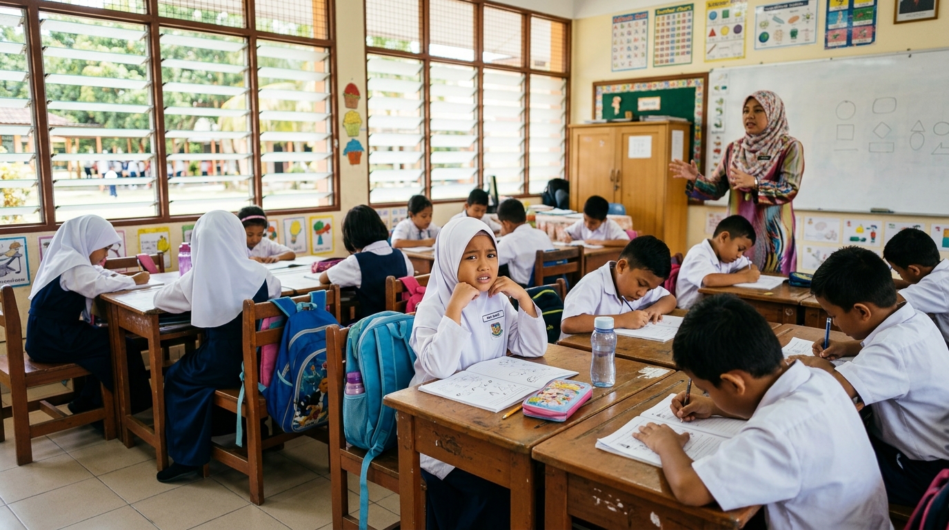 Seorang murid Melayu kelihatan keliru ketika cikgu memberi arahan di dalam kelas.
