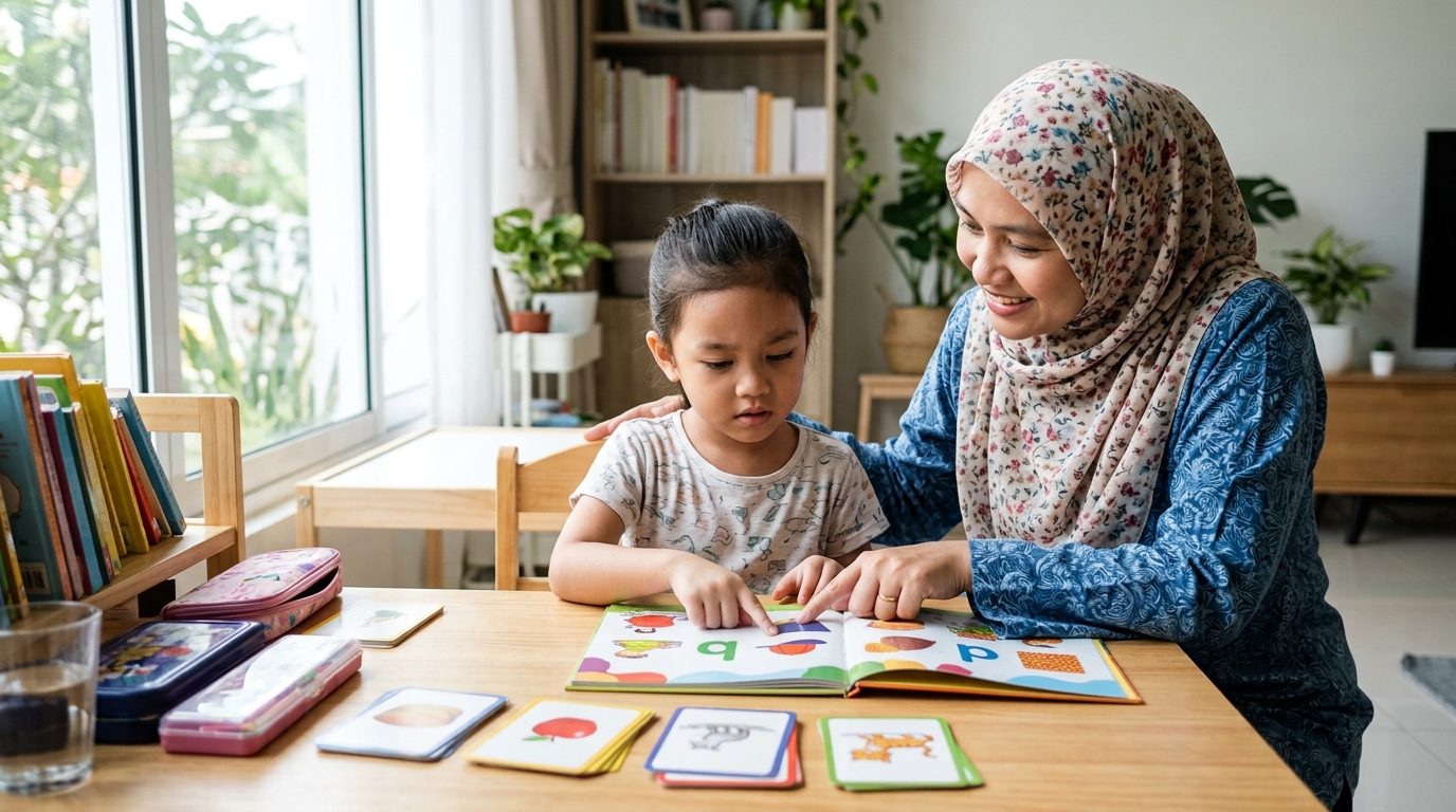 Anak Melayu kelihatan keliru ketika mengenal huruf semasa belajar membaca.