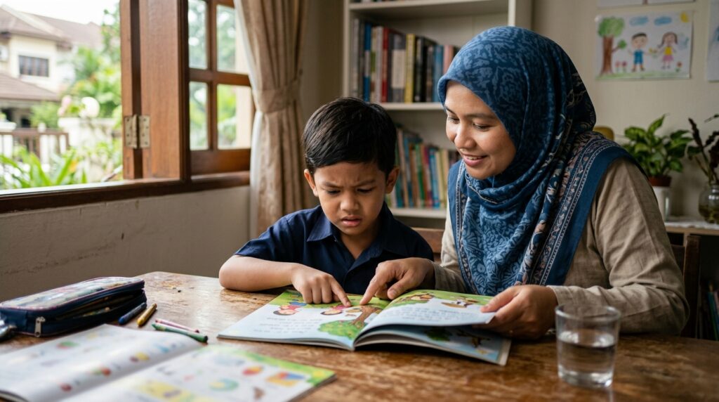 Anak kelihatan kecewa apabila membaca buku yang terlalu sukar untuk tahapnya.