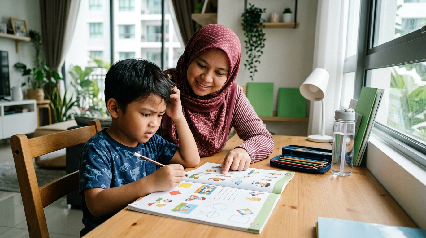 Anak Melayu keliru ketika membaca arahan bertulis dalam buku latihan bersama ibu.