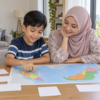 Anak melihat peta Malaysia bersama ibu sambil belajar mengenali negeri-negeri Malaysia.