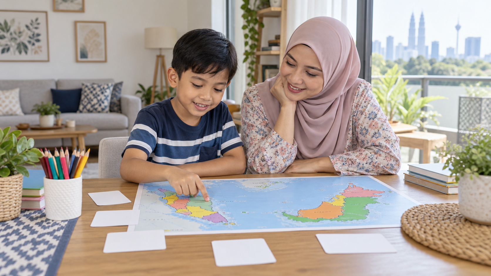 Anak melihat peta Malaysia bersama ibu sambil belajar mengenali negeri-negeri Malaysia.