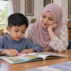 Anak membaca dengan teliti kerana sering tertukar perkataan.