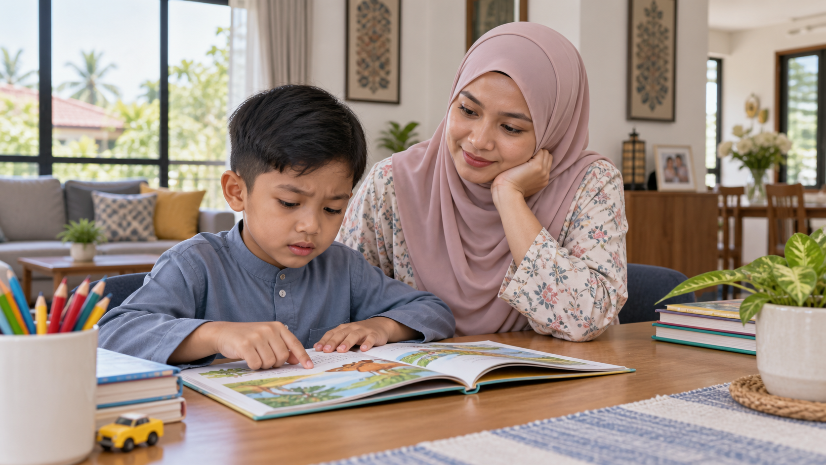 Anak membaca dengan teliti kerana sering tertukar perkataan.