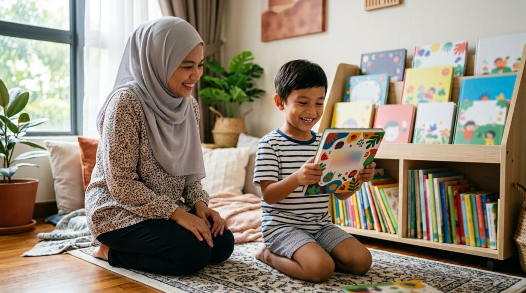 Anak teruja memilih buku yang sesuai dengan minatnya untuk dibaca di rumah.