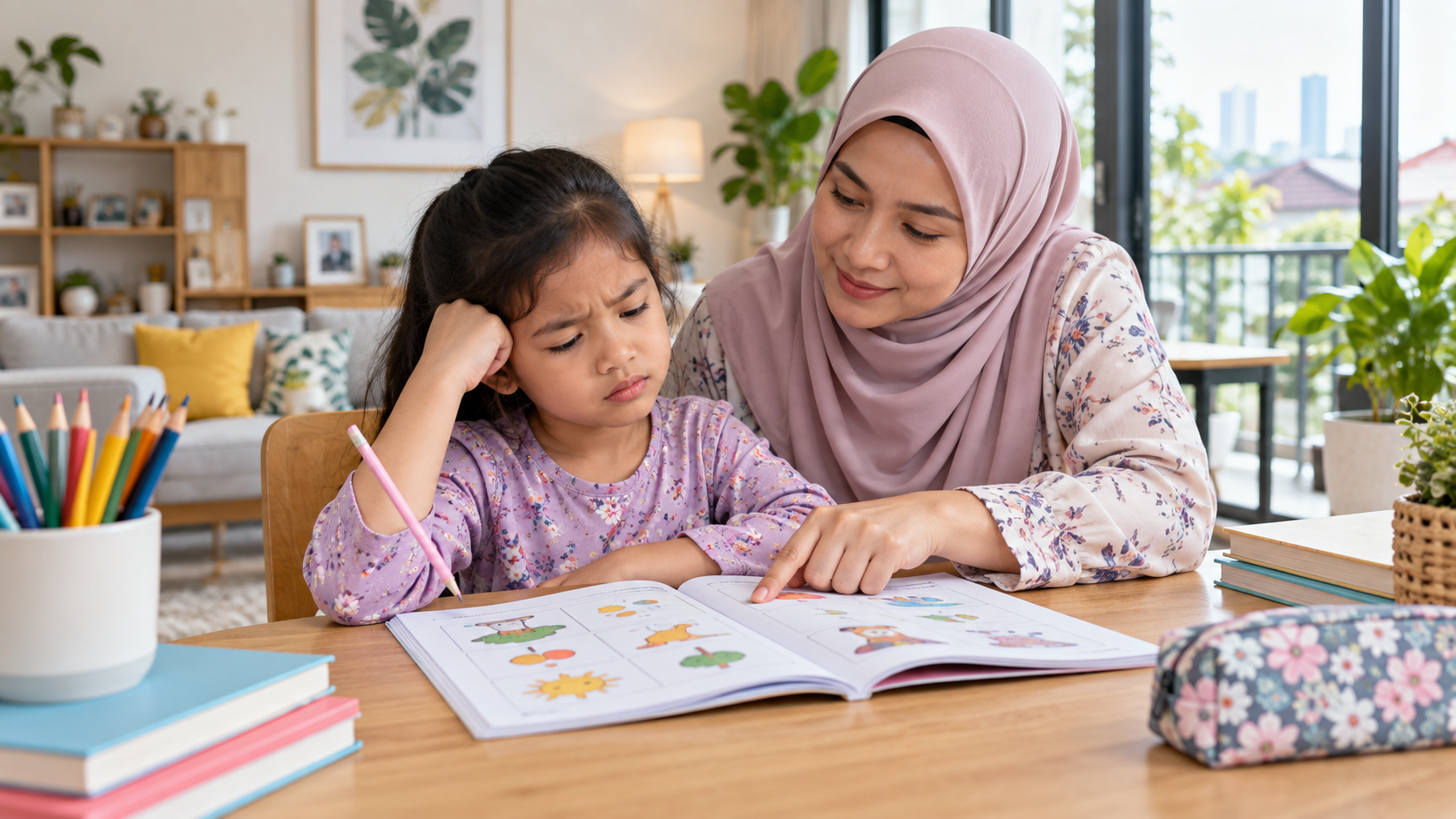 Anak kelihatan keliru ketika memahami arahan dalam buku latihan.